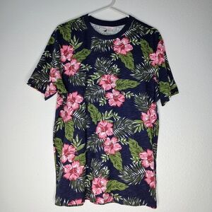 Refill Men's Hawaiian BlueNavy Floral Print T-shirt Short Sleeve Round Neck Sz M